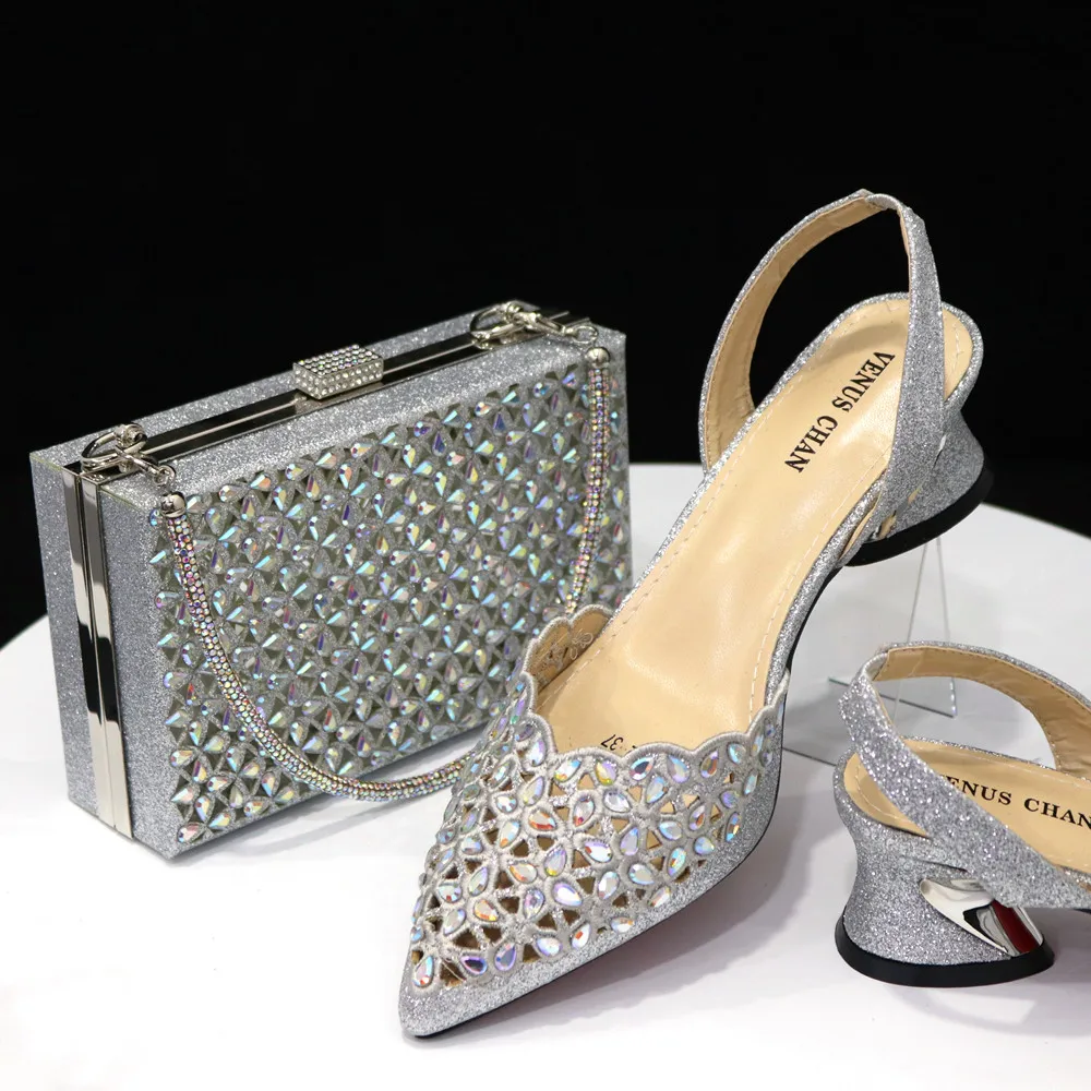 Fashionable Silver Color Ladies Shoes And Bag For Party Nigerian Women Wedding Shoes And Bag High Quality Shoes