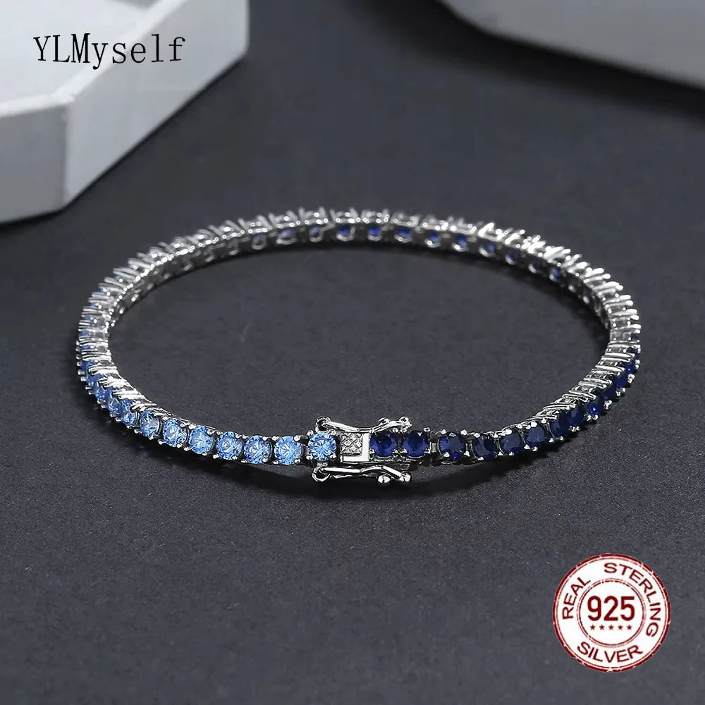 Pure 925 Silver Pave Tennis Bracelet 3mm Montana Semi-Precious Sapphire & Aqua Blue Cubic Zircon - Elegant Mix Fine Jewelry