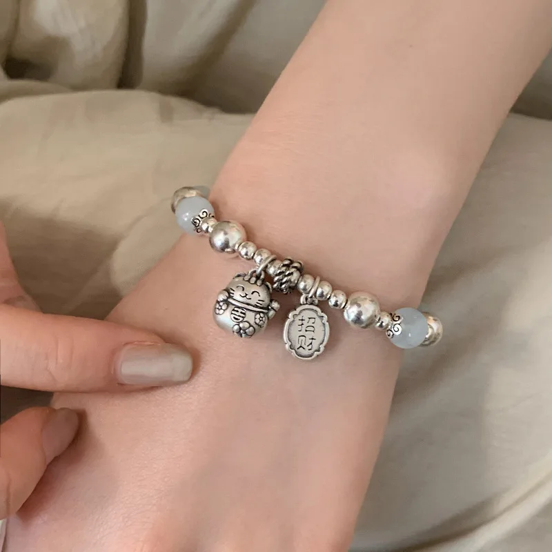 سوار من الفضة الإسترليني مع كرة مرنة صينية للنساء ، قطة محظوظة ، حظ جيد ، موضة فتاة ، هدية مجوهرات ، دروبشيب ، بيع بالجملة #1