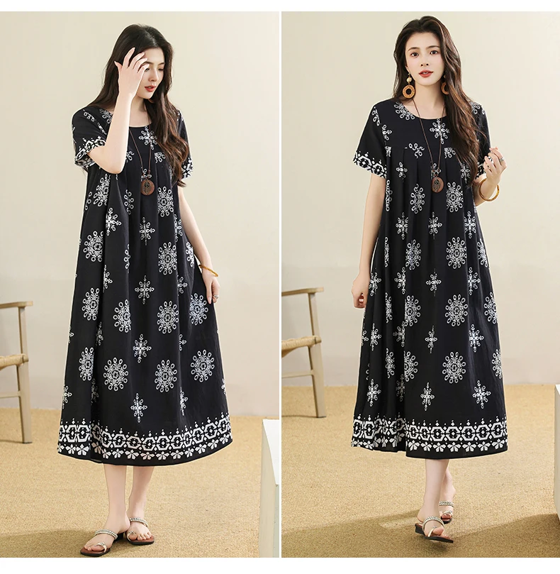 New 2025 Summer Dress For Women Plus Size Dress Casual Short Sleeve Boho Vintage Print Long Maxi Dress Beach Women Clothing