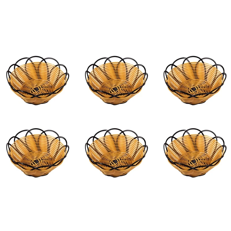 6Pcs 7 Inch Plastic Braided Basket Fruit Vegetable Cookies Container Holder Black&Orange