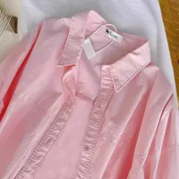 Women's Pink Cotton Long Sleeve Shirt New Loose-Fit Petite Slimming Top Outer Wear Summer Style Button-Up Ladies Blouse