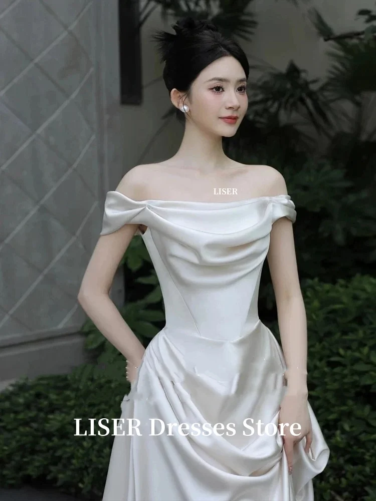 Liser Off Shoulder A-Line Simple Korea Wedding Dresses Silk Satin Long Elegant Bridal Gowns Photo Shoot 저녁 드레스 Customize Corset