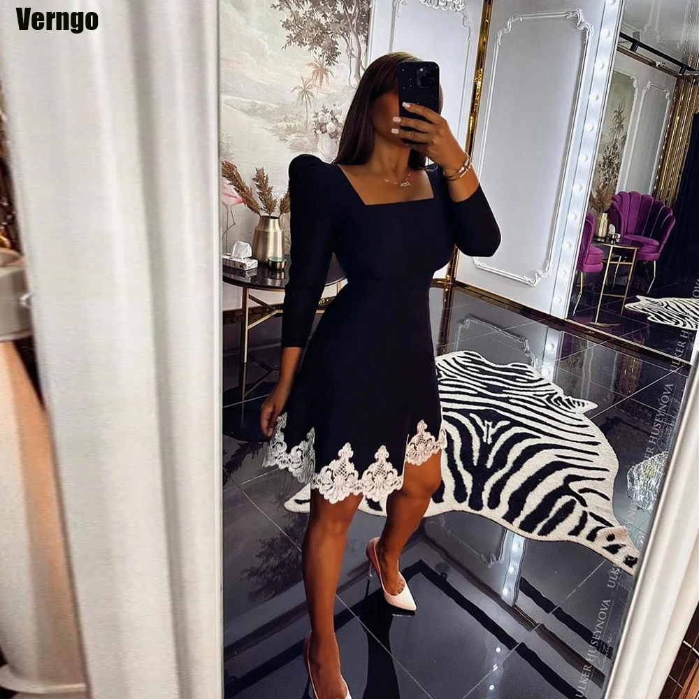 

Verngo A-line Short Prom Dresses Square Collar Long Sleeves Evening Party Gowns Satin Lace Formal Occasion Dress Robes De Soirée