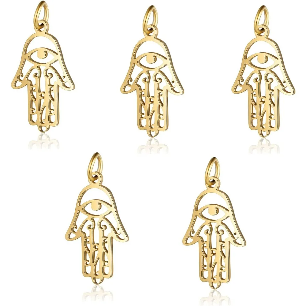 5pcs Stainless Steel Golden Vintage Hamsa Hand of Fátima Evil Eye Egyptian Third Eye Necklace Good Luck Success Amulet Jewelry