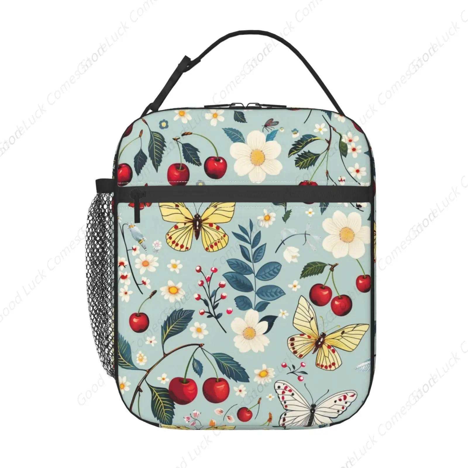 Reusable Cherry Lunch Box for Kids Girls Boys Women Adult, Insulated Cute Butterfly Lunch Bag,Polyester Cooler Floral Handbags
