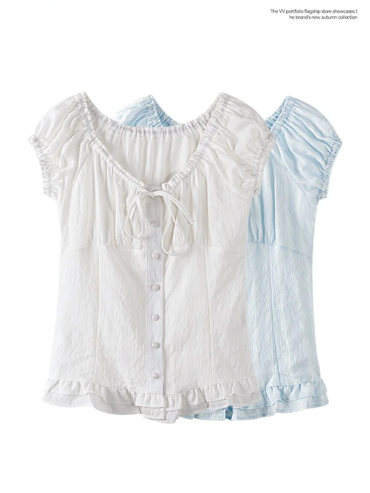 

Summer New Sle Ruffle V-ne Faion Bubble Sve ort Length Patchwork Sweet Top Women's Busin Casual irt