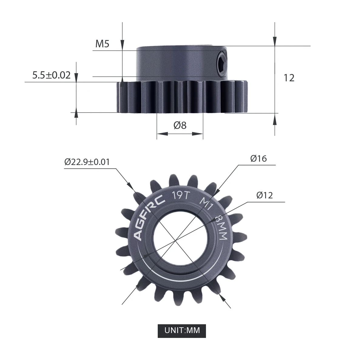 AGFRC Gear Hardened Steel 8MM MOD1 18T - 46T Pinion Motor Gear M5 Set Screw for High Speed Runs and Drag Racing Application