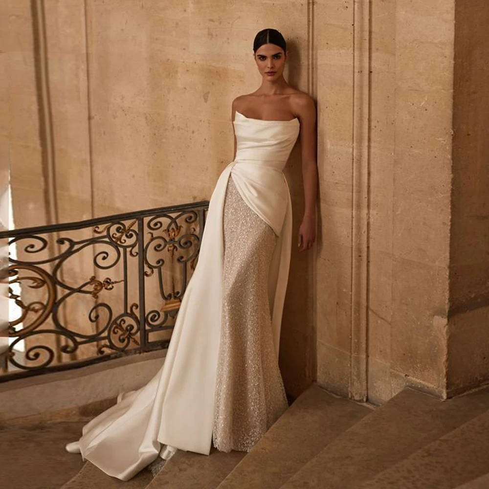 

Strapless Lace Wedding Dress Sleeveless Mermaid Luxury Sequined Zipper Back Bride Dresses Customized Classic Style Wedding Gown