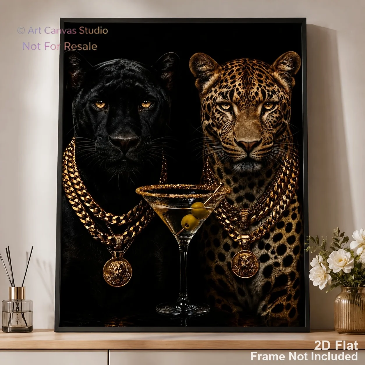 2D Flat, Posters And Prints Unframed Canvas Wall Art Luxury Animal Leopard Panther Cocktail Golden Chain Portrait Canvas HD P