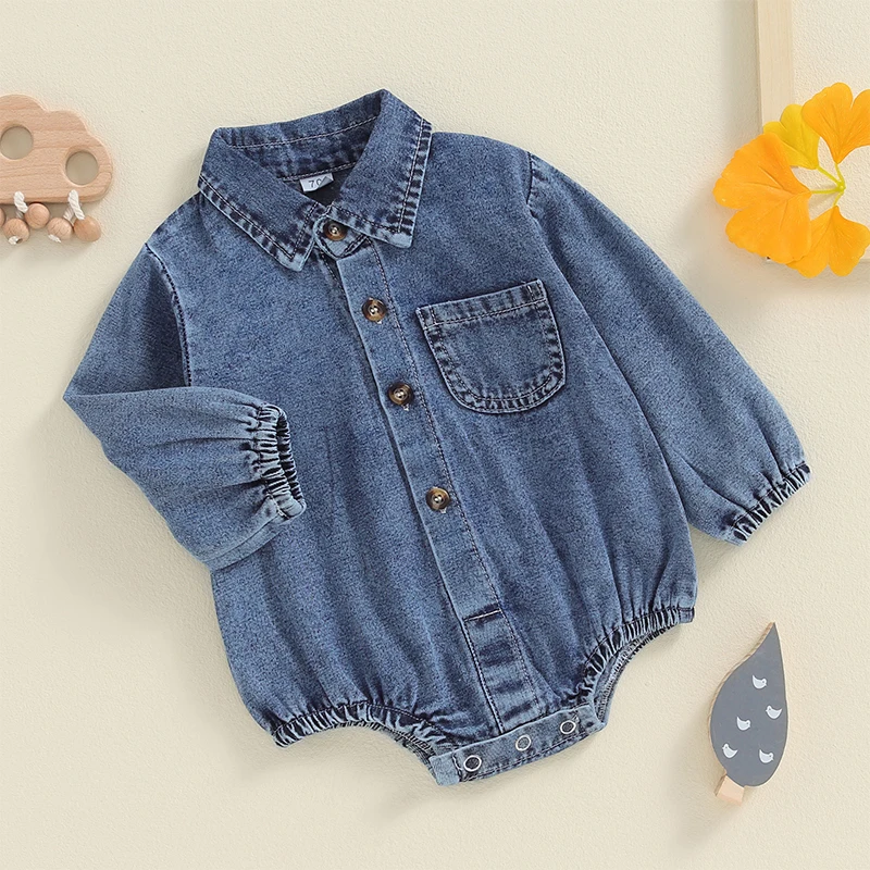 Baby Boy Denim Romper Long Sleeve Lapel Collar Solid Color Bodysuit Newborn Spring Fall Playsuit