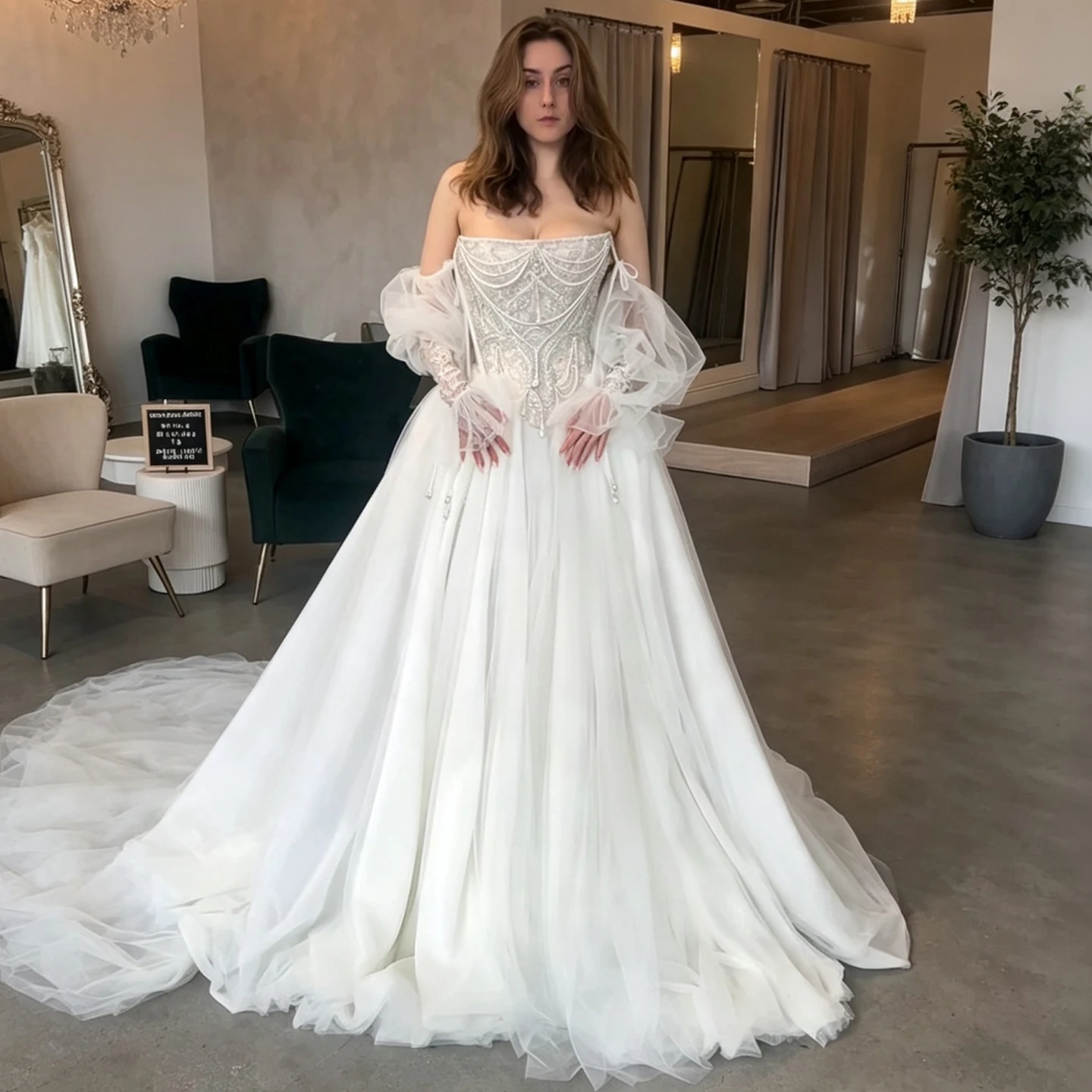 Sheer Fairy Wedding Dresses Luxury A-Line Strapless Tulle Puff Sleeves Corset Pearls Tassel Dubai Bridal Gowns SW663 Customized