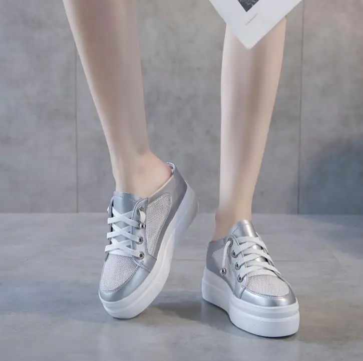 عالية العلامة التجارية 8 سنتيمتر منصة النعال حذاء بكعب ويدج المرأة الصيف منصة عالية الترتر النعال الهواء شبكة تنفس أحذية الصيف النساء