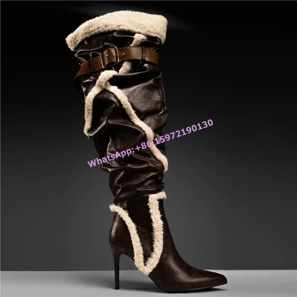 Patchwork Furry Pleated Boots Wide Calf Slouch Brown Beige Over The Knee Shoes Winter Soft Warm Fashion Runway Shoes 2024