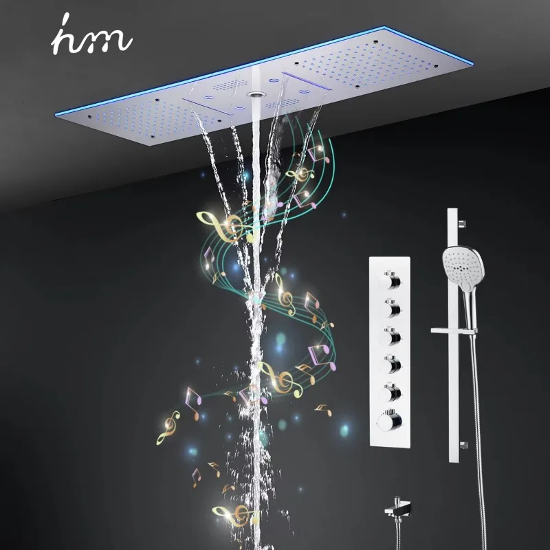 Light Emitting Diode Music Bathroom Smart Shower Set Multifunctional Rain Waterfall Spray Column and Manual Shower Mixer Set