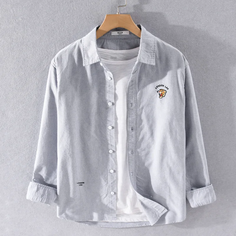 

Ox Cloth Pure Cotton Men's irt Casual Tiger Pattern Embroidery Faionable Men's Clothing Spring Autumn Season Sle