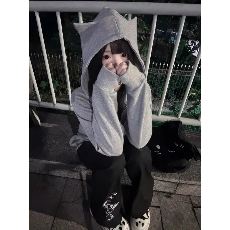 Y2k سويت شيرت بقلنسوة على شكل آذان قطة ثنائي الأبعاد بأكمام طويلة للنساء سترة بسحاب للخريف والشتاء