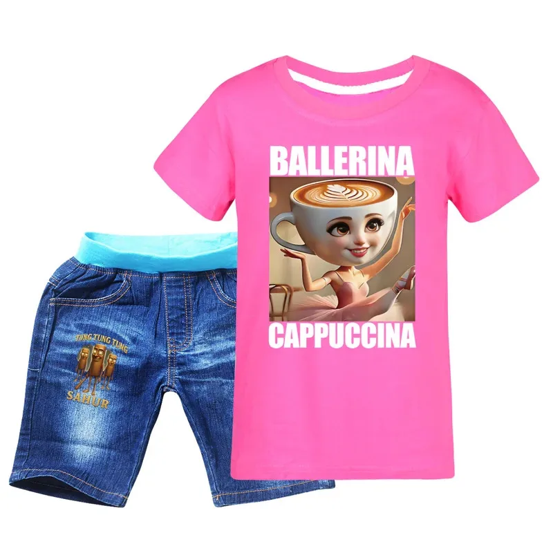 راقصة الباليه كابتشينا ملابس طفل الفتيات الكرتون وتتسابق الأطفال ملابس الصيف الاطفال تونغ الصحور تي شيرت + الدنيم مجموعة تي شيرتات قصيرة للأطفال #5
