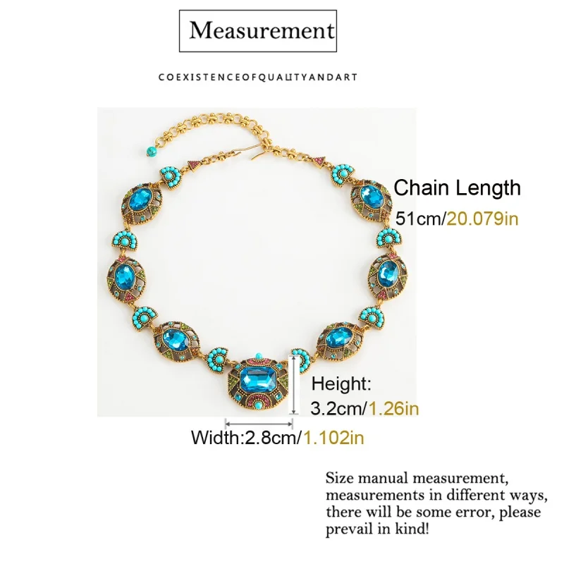 Sea Blue Crystal Statement Necklace with Gold Rhinestones