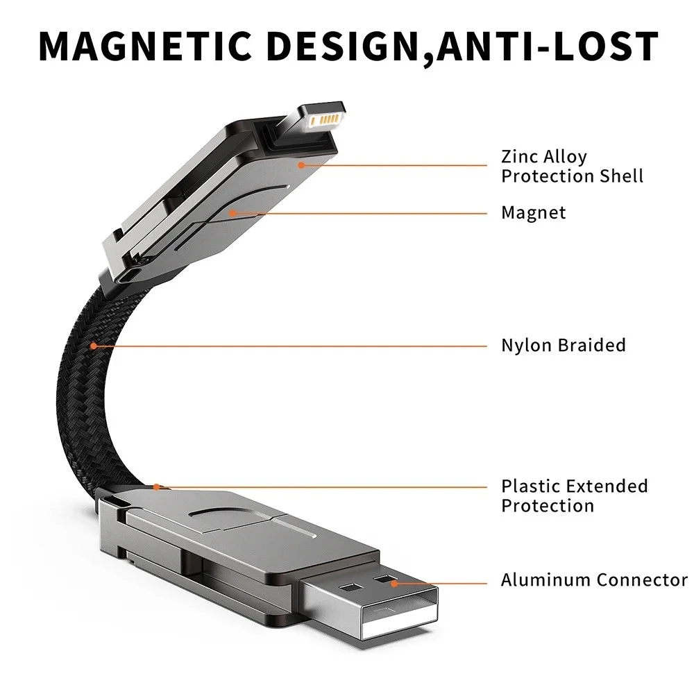 60W Magnetic Data Cable PD Fast Charging Type-C  4 in 1 Multifunctional Nylon Braided Cord For IOS Huawei Xiaomi Tablets Laptops