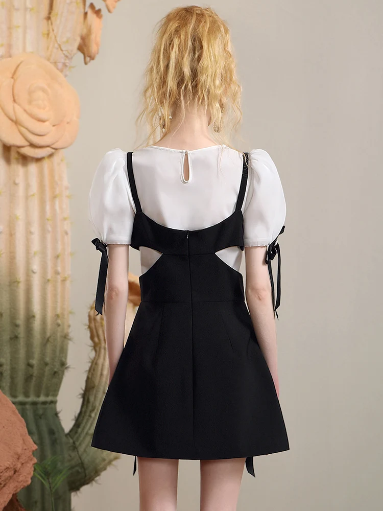 High Quality Designer Model Sweet Cool Dress Women Simple Puff Sleeve T-shirt Top Design Bow Black Suspender Dress 2-Piece Set