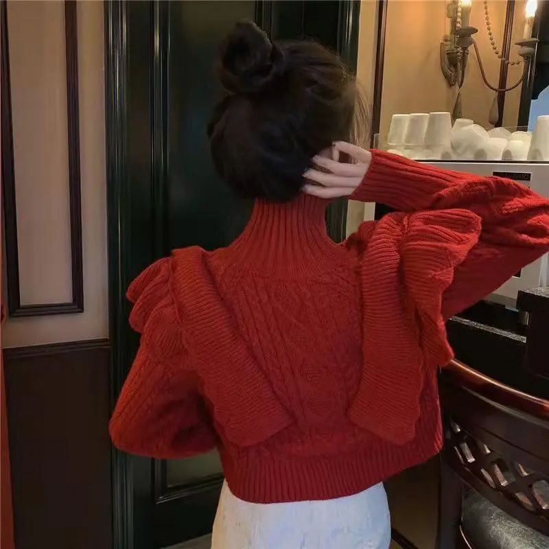 Kimotimo Red Ruffles Twisted Sweater Women Autumn Winter Turtleneck Short Knitted Bottom Pullover French Vintage Design Slim Top