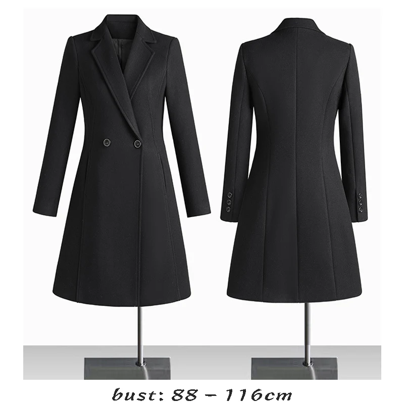 

High quality wool blend long trench coat for women big size double breasted new winter 2024 elegant clothes - black grey blue