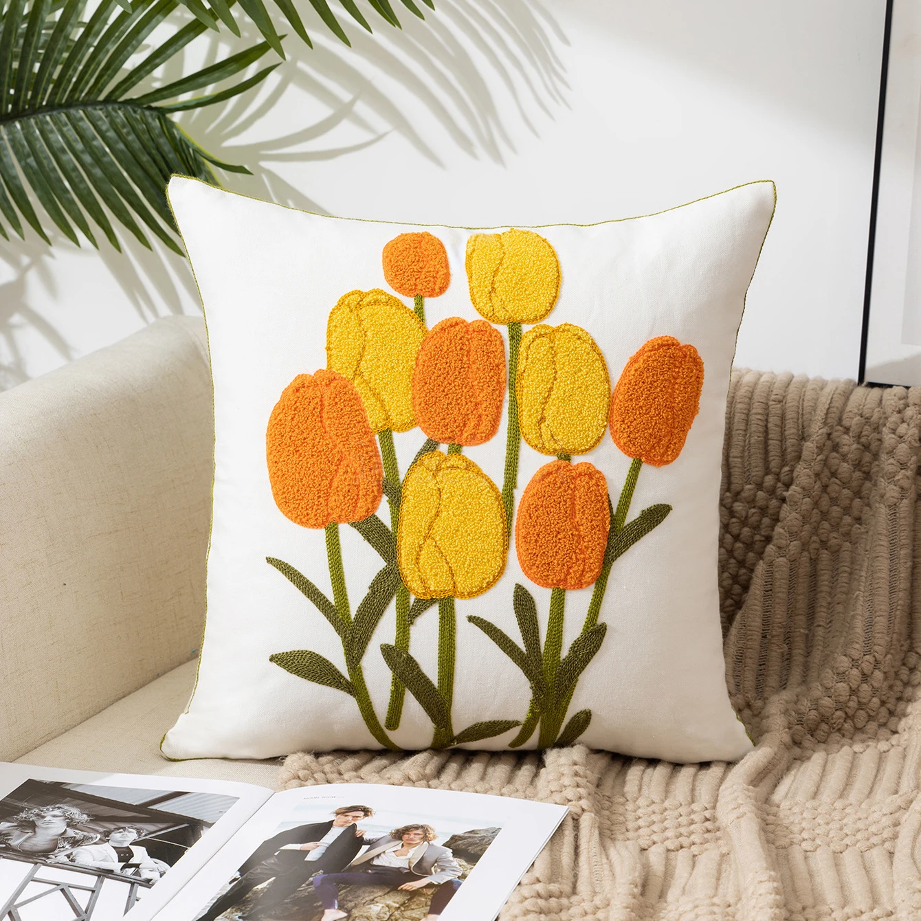 Colorful Embroidered Flower Pillow Cover Short Plush Polyester Cushion Case Decor Throw Pillowcase Home Deco