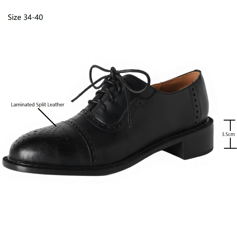 Drestrive 2025 Classic Loafers Laminated Split Leather Round Toe Lace Up Thick Low Heels Handmade Women's Pumps