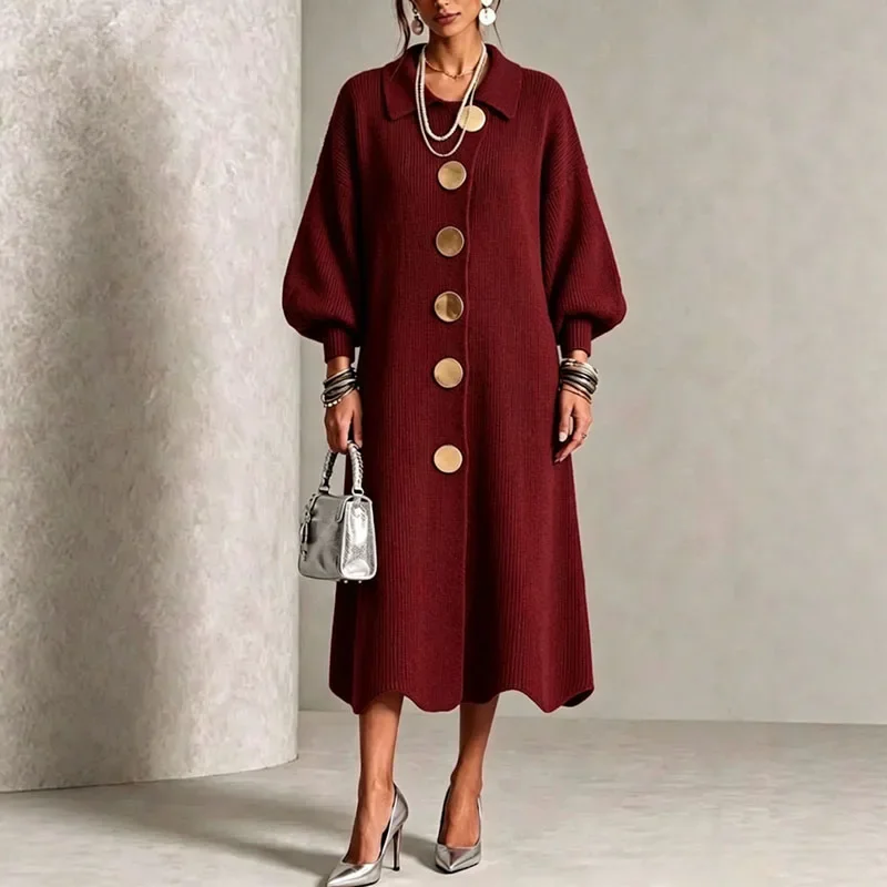 Women Solid Knit Cardigan Dress Lapel Collar Puff Lantern Sleeve Big Button Front Maxi Dress New Winter Open Front Sweater Dress