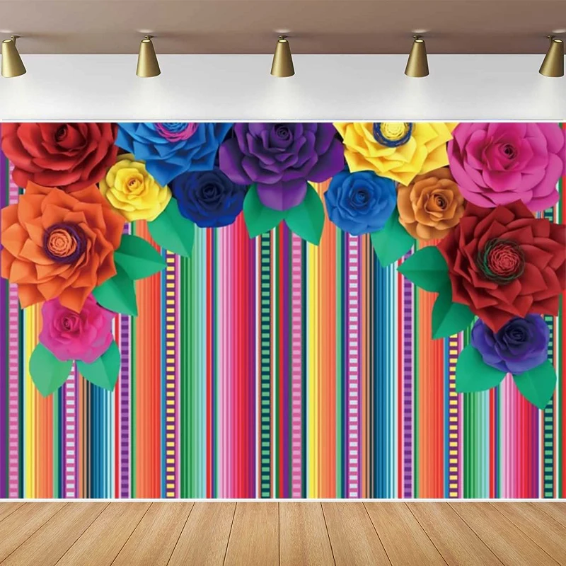 

Mexico Fiesta Photography Backdrop Floral Colorful Vertical Stripes Background For Day Of The Dead Cinco De Mayo Party Decor