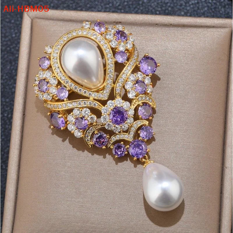 (HB05)Fashionable Violet Pearl Pendant Luxurious Rhinestone Inlaid Brooch Charming Jewelry Accessories For Banquet Dresses Gifts