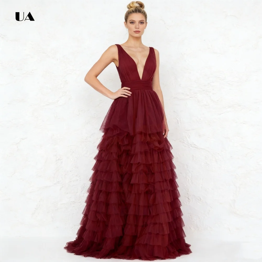 فستان حفلة موسيقية بسيط مكشكش بطبقات مع رقبة على شكل حرف V عميقة، فساتين سهرة شبكية صلبة للنساء، فستان حفلات كلاسيكي مخصص