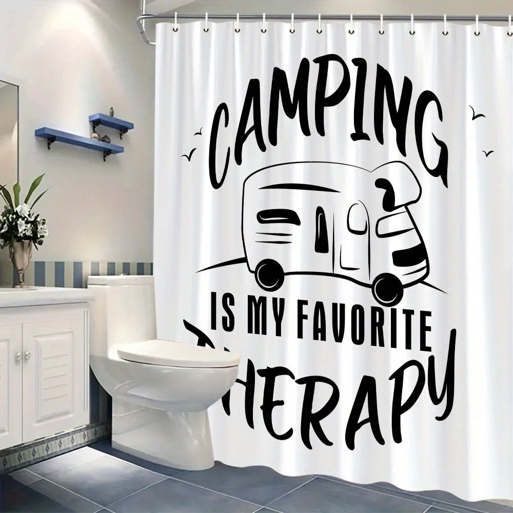 Camping Is My Favorite Therapy Shower Curtain, RV Camper Print, Funny Outdoor Lover Bathroom Decor, Waterproof Polyester Bath