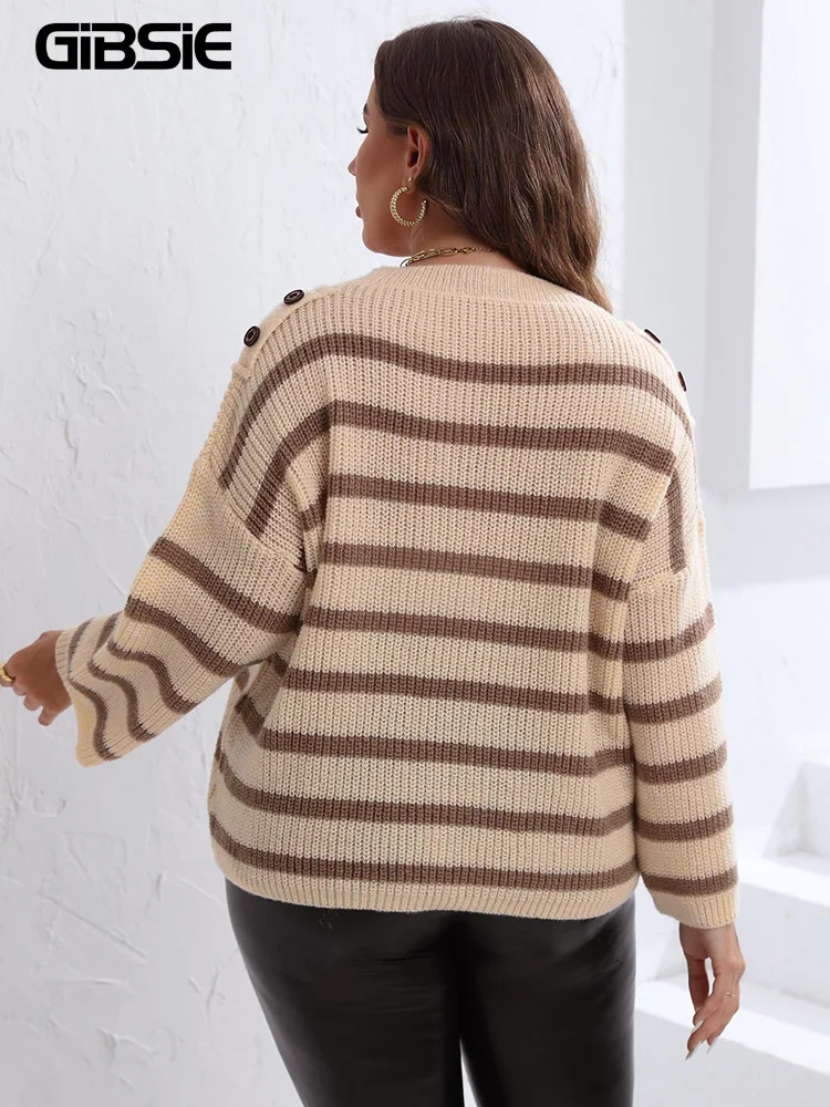 GIBSIE Plus Size Drop Shoulder Button Detail Striped O-Neck Sweater Women 2023 Autumn Winter Korean Loose Knitted Jumper Female