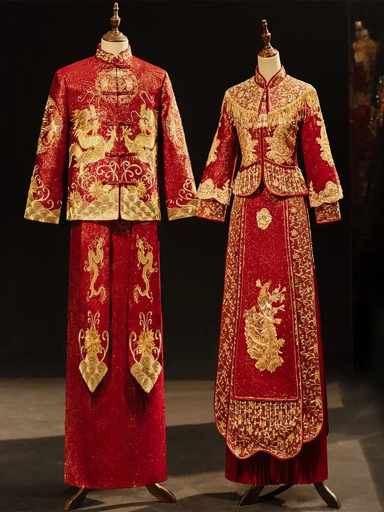 High-end Golden Red XiuHe Suit Traditional Chinese Clothing for Women Three Quarter Sleeve Dragon Phoenix  Elements Wedding Set