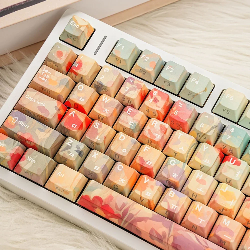 PBT Full Set Translucent Keycaps Rainbow Garden Keycaps Korean/Russian/German/Spanish/French/Japanese Double-engraved Keycaps