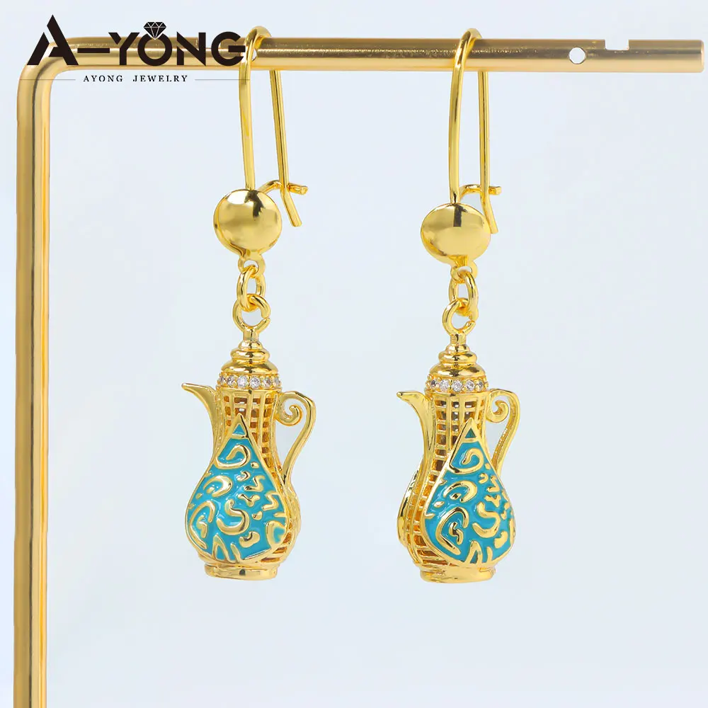 Dubai Fashion Inspired Drop Earrings 21k Gold Plated Enamel Teapot Dangles Earring Arabic Muslim Women Vintage Party Jewelry