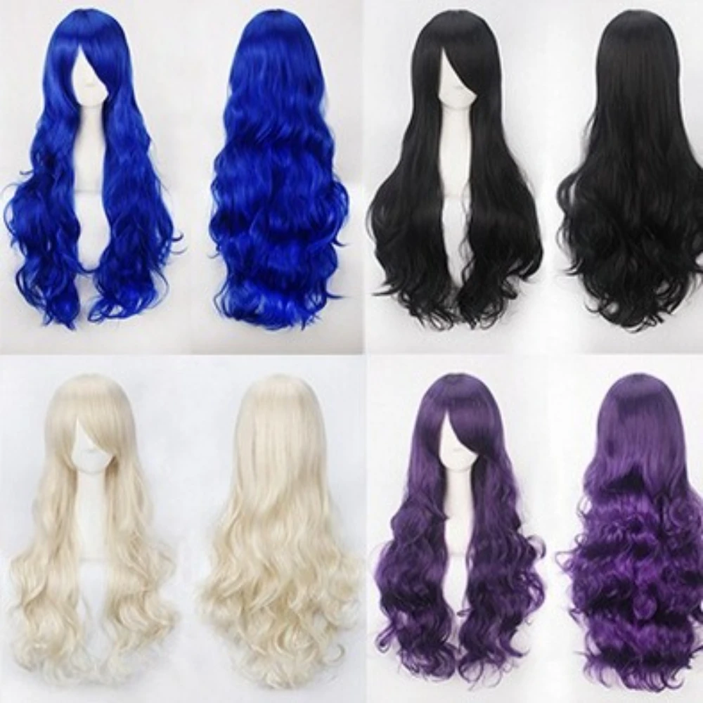 

Синтетический парик для косплея, 80 см, длинные вьющиеся волосы, высокотемпературное волокно, модный красочный аниме-вечеринка, костюм на Хэллоуин, ролевая игра