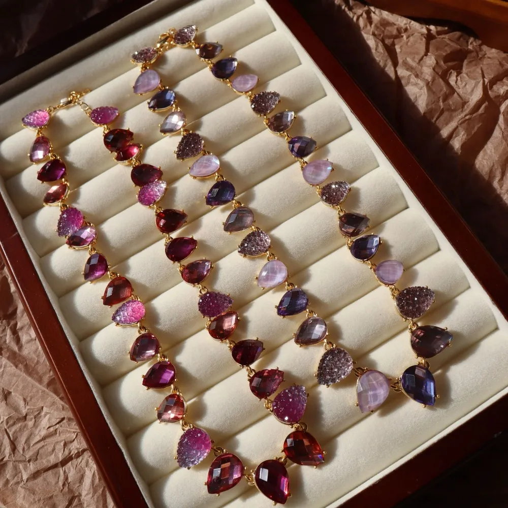 

Fashion Vintage Antique Style Jewelry Light Purple Water Drop Glass Paved Heavy Industry Gold-plated Necklace for Women
