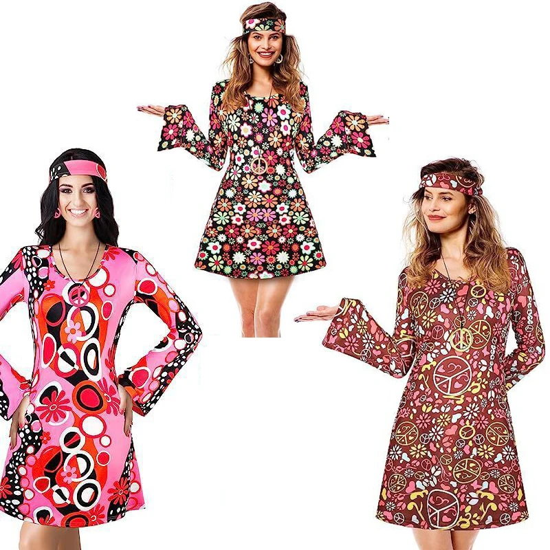 

70s Women's Happie Costume Retro Print Flared Sleeve Dress with Headband Earrings Necklace Disco Costume Halloween Cosplay Gift