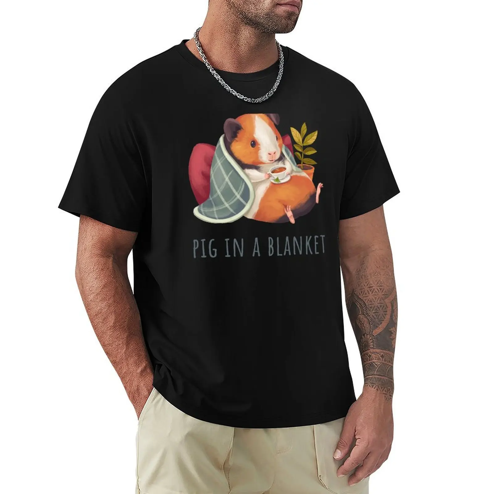 Guinea Pig in a Cozy Blanket Chilling and Drinking Tea or Coffee T-Shirt t shirt man plain T-Shirt
