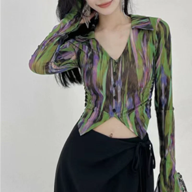 

Irregular T-shirt Women's Design Niche Autumn Tight-fitting Printed Slim Long-sleeved Top