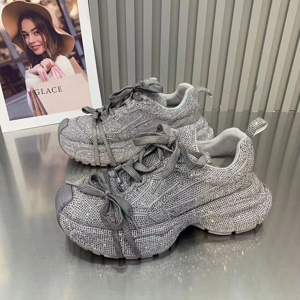 2024 New Fashion Trend Sneakers Women Platform Flat Grey Full of Diamonds Sparkling Casual Trainers Ladies Chunky Sneakers Shoes