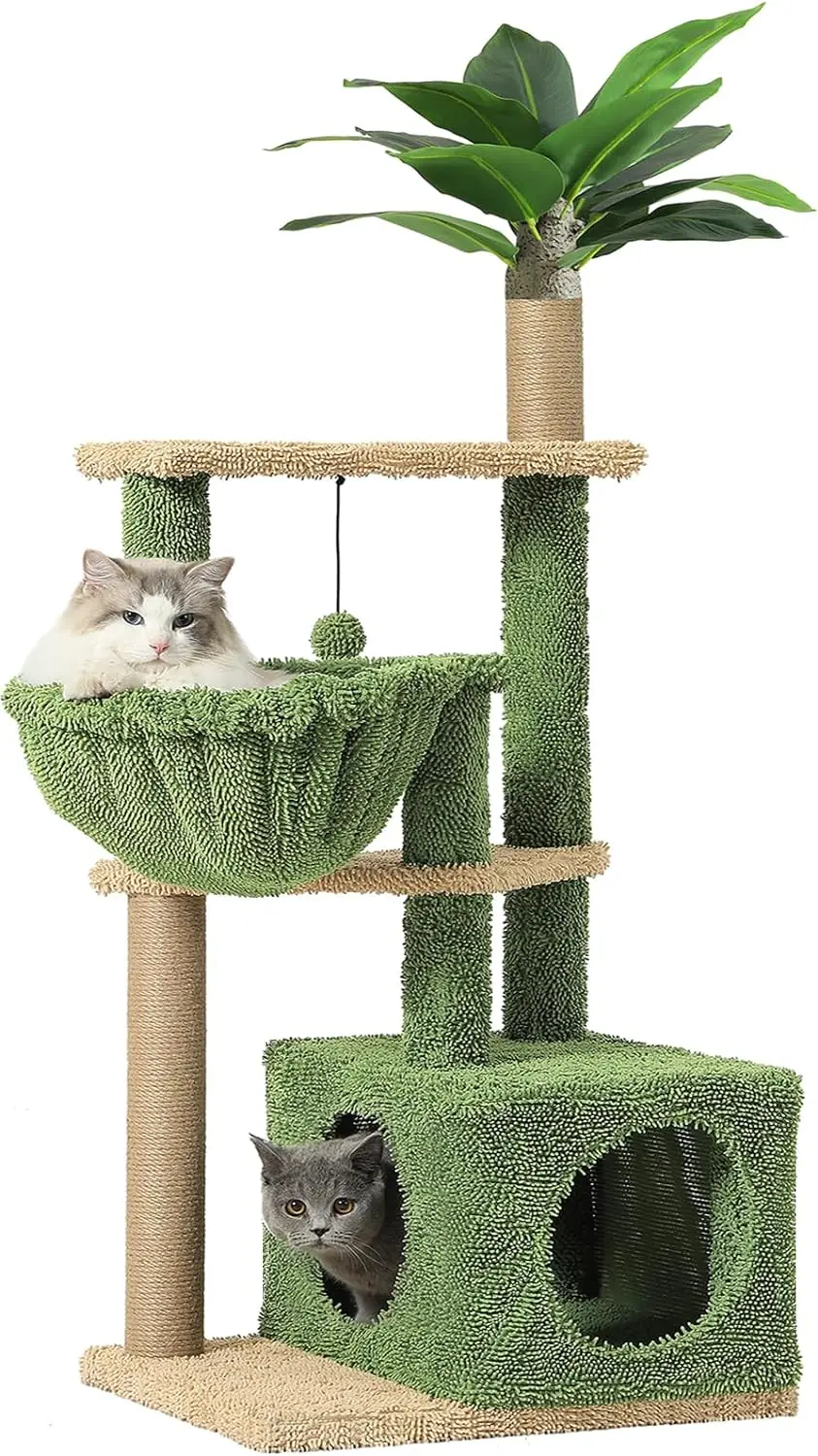 

51 Inches Cat Tree, Multi-Level Cat Tower with Large Hammock, Climbing Activity Tree with Artificial Palm Leaves