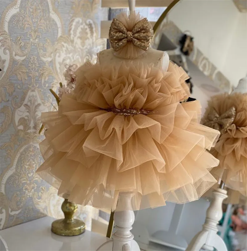 Champagne Baby Girl Dress Bow Puffy Dresses For Girls Communion Dress Knee Length Flower Girl Dresses Kids Dresses 12M 24M