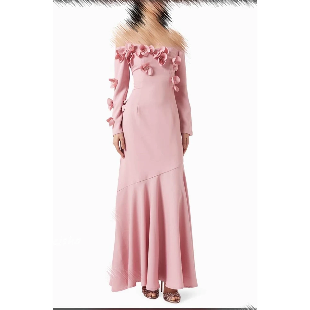 Jersey Flower Beading Ruched A-line Off-the-shoulder Bespoke Occasion Gown Midi Dresses