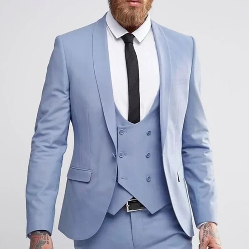 

2024 Sky Blue Business Elegant Suits For Men Smart Casual Slim Fit Blazers Hombre High Quality Custom 3 Piece Set Costume Homme