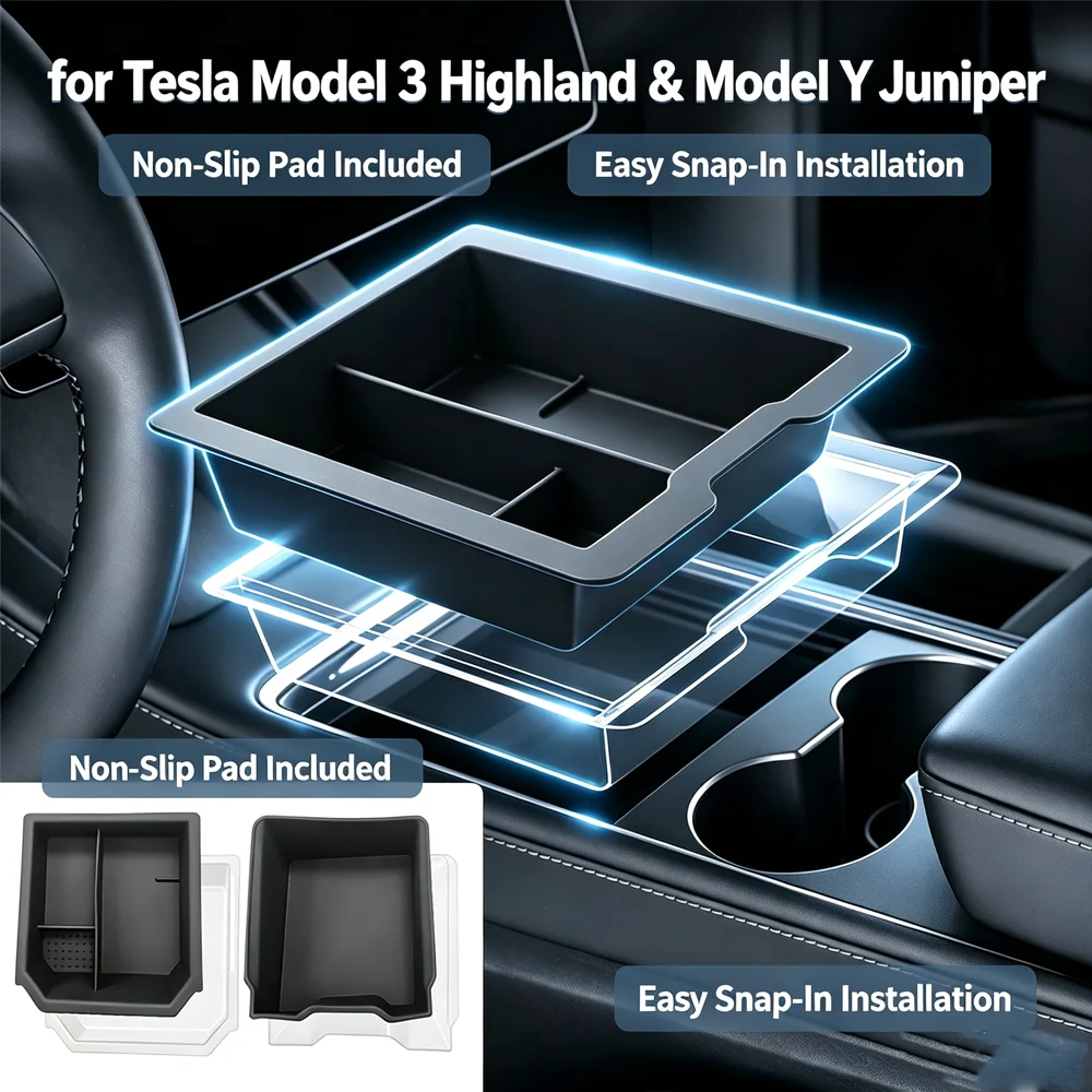 Center Armrest Hidden Storage Box Cup Holder Console Organizer For Tesla Model 3 Highland Model Y Juniper & Model Y L 6-Seater﻿