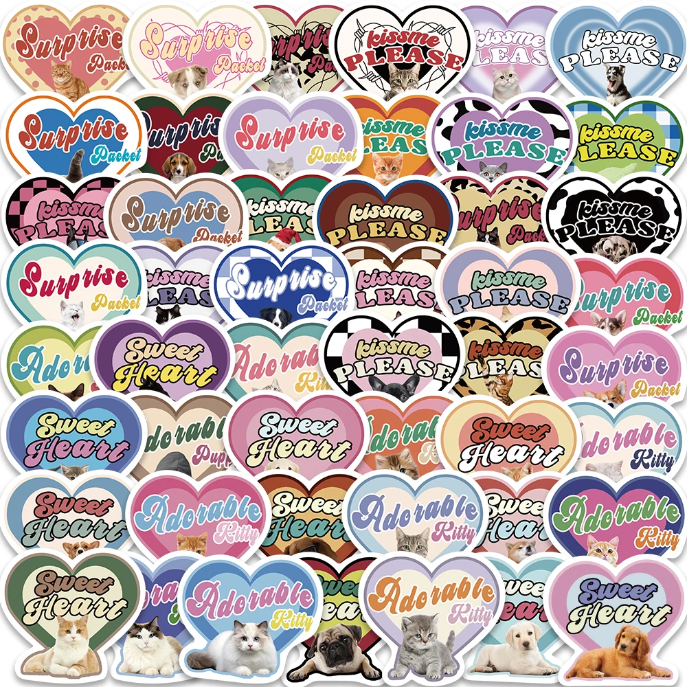 49PCS Y2K Sweet Heart Pink Cartoon Cat Dog Cute Stickers Aesthetic Kitty for Scrapbook Car Motorcycle Laptop Kids Toy Sticker